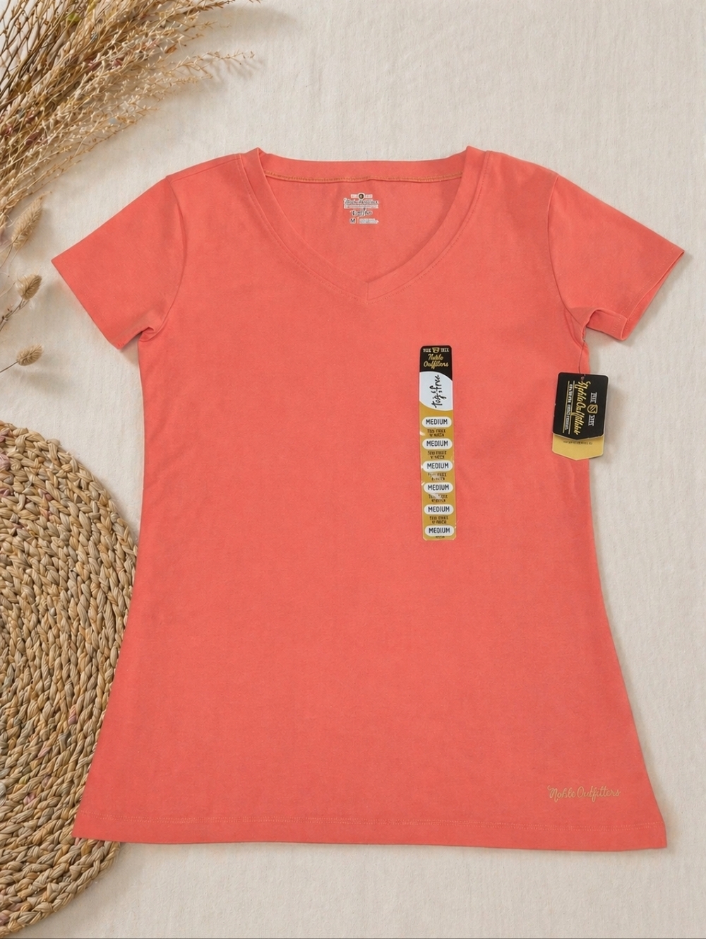 Noble Outfitters Tug-Free V-Neck Tee Medium Coral Stretch Workwear NWT
